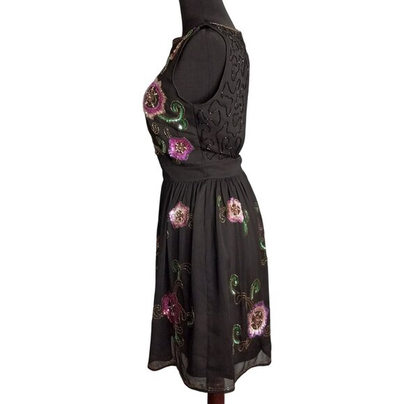 ASOS Size 2 Petite Dress Little Black Embroidered Sleeveless Floral Sequin Beads - Picture 4 of 10